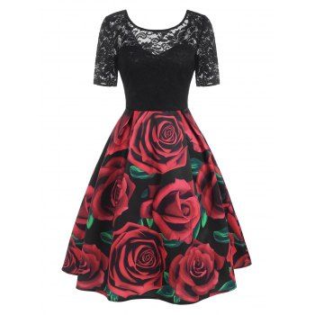 

Contrast Lace Sheer Flower Rose Print A Line Flare Party Dress, Black