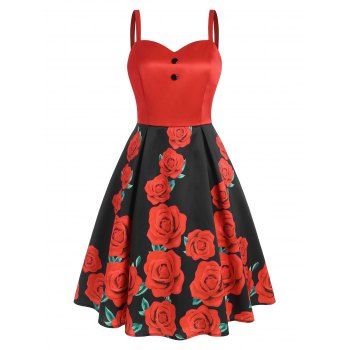 

Flower Print Mock Button Sweetheart Dress, Red
