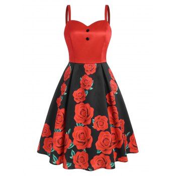 

Rose Flower Print A Line Cami Dress Mock Button Sweetheart Party Dress, Red