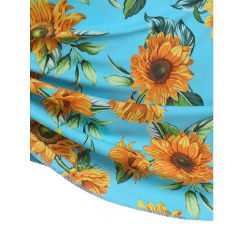 Beach Tankini Swimwear Sunflower Print High Waisted Swimsuit O Ring Asymmetrical Hem Three Piece Bathing Suit Set