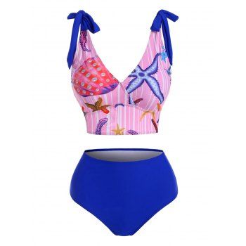

Marine Striped Tie Shoulder High Waisted Tankini Swimwear, Multicolor