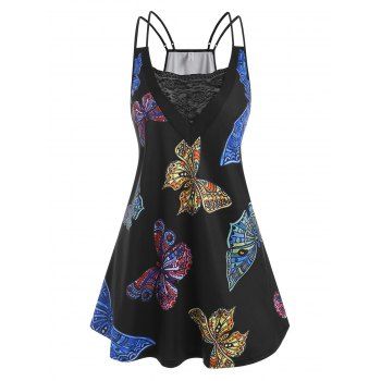 

Plus Size Lace Panel Butterfly Print Sleeveless Top, Black