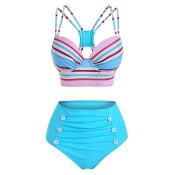 

Colorful Striped Strappy Mock Button Moulded Bikini Swimwear, Multicolor