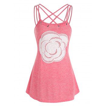 Strappy Flower Lace Panel Heathered Tank Top