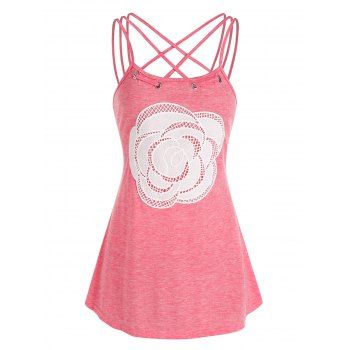 

Strappy Flower Lace Panel Heathered Tank Top, Light pink