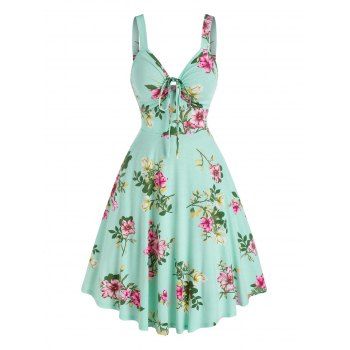 

Floral Print Front Tie Knee Length Dress, Light green