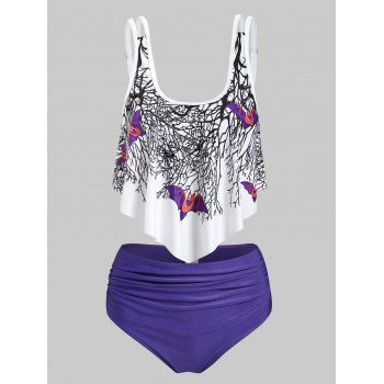 

Tree Bat Print Ruched Padded Tankini Set, Purple