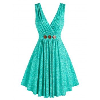 

Pleated Buttons Flare Surplice Dress, Green
