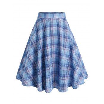 

Plus Size High Waist Plaid A Line Skirt, Blue