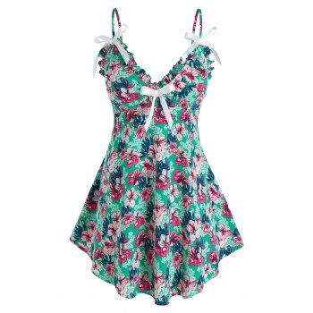 

Plus Size Flower Printed Bowknot Cami Tank Top, Green