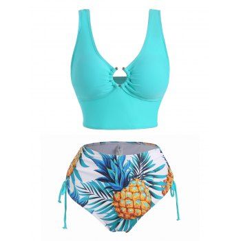 

Ring Linked Pineapple Print Cinched Tankini Swimwear, Light blue