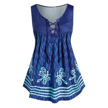 

Plus Size Lace Up Butterfly Print Tent Tank Top, Blue