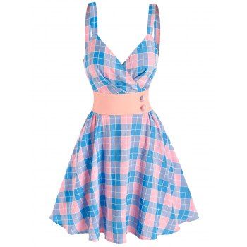 

Plaid Print Mock Button Sleeveless Flare Dress, Light blue