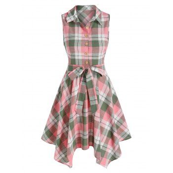 

Vintage Sleeveless Half Button Plaid Print Handkerchief Dress, Multicolor