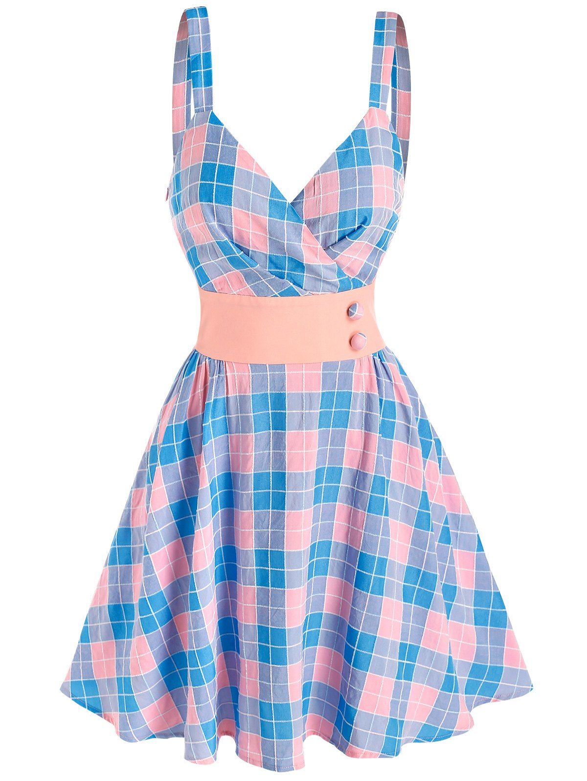 Plaid Print Mock Button Sleeveless Flare Dress - LIGHT BLUE XXL