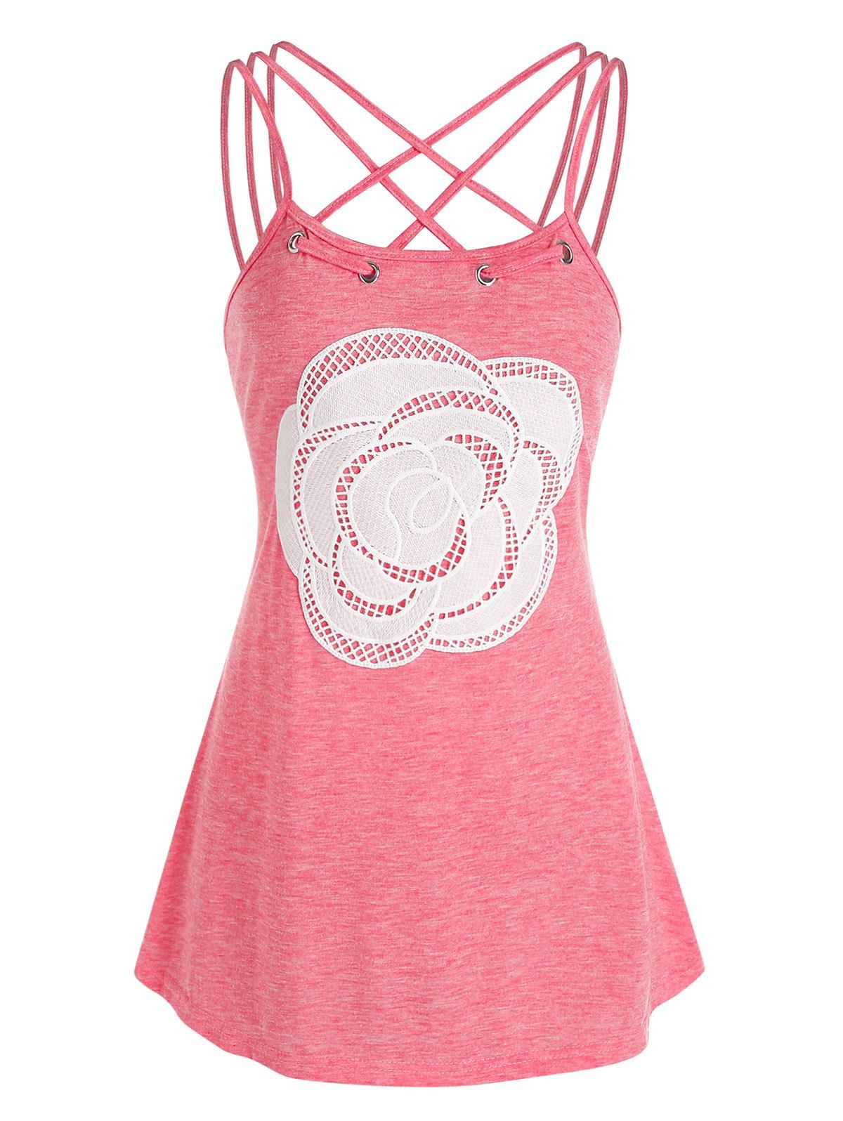 Strappy Flower Lace Panel Heathered Tank Top - LIGHT PINK XXXL