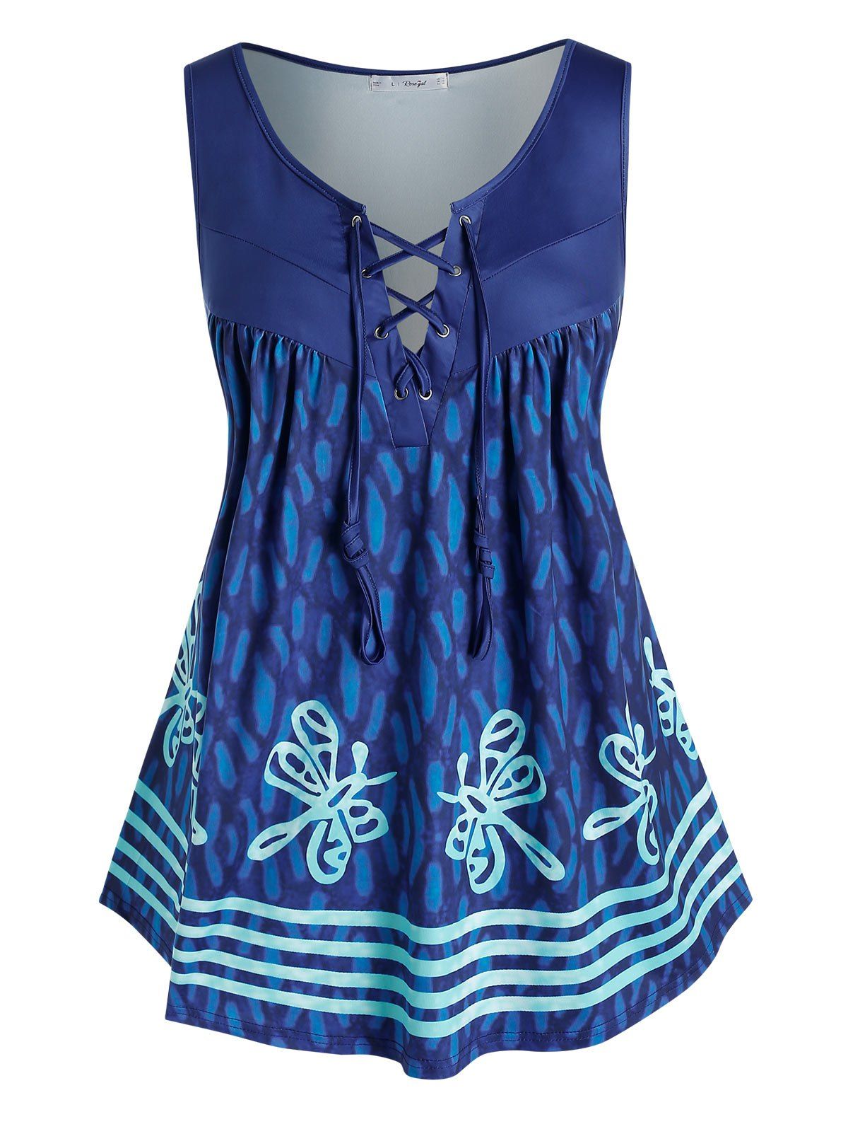 Plus Size Lace Up Butterfly Print Tent Tank Top - BLUE 4X