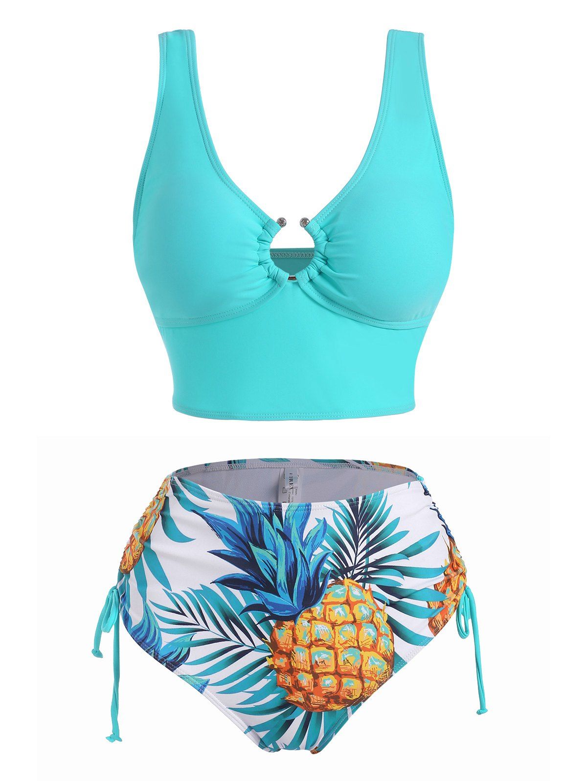 Ring Linked Pineapple Print Cinched Tankini Swimwear - LIGHT BLUE S