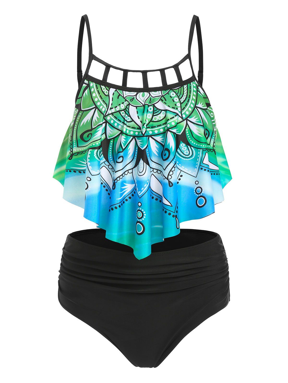 Vacation Swimsuit Flower Print Cut Out Ruched Padded Tankini Swimwear - GREEN L