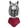 Tummy Control Tankini Swimwear Gothic Swimsuit Skull Flower Print Crisscross Summer Beach Bathing Suit