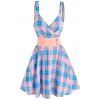 Robe Evasée à Carreaux Imprimée à Bretelle avec Bouton sans Manches - Bleu clair XL