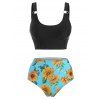 Beach Tankini Swimwear Sunflower Print High Waisted Swimsuit O Ring Asymmetrical Hem Three Piece Bathing Suit Set - multicolor S