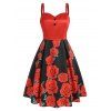 Rose Flower Print A Line Cami Dress Mock Button Sweetheart Party Dress - RED M