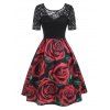 Contrast Lace Sheer Flower Rose Print A Line Flare Party Dress - BLACK S