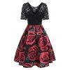 Contrast Lace Sheer Flower Rose Print A Line Flare Party Dress - BLACK S