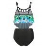 Vacation Swimsuit Flower Print Cut Out Ruched Padded Tankini Swimwear - GREEN XXL