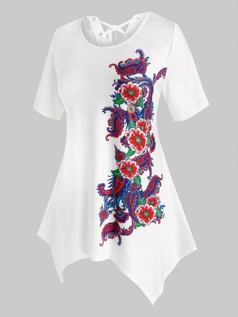T-Shirt Mouchoir avec Lacets et à Imprimé Floral Grande-Taille