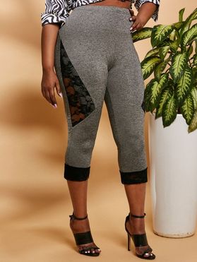Plus Size Lace Insert Skinny Cropped Leggings
