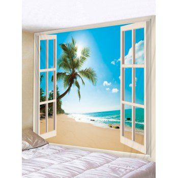 

Window Beach Coconut Tree 3D Print Wall Tapestry, Deep sky blue