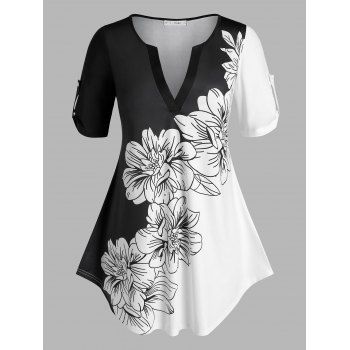 

Plus Size Floral Print Colorblock Roll Up Sleeve Tee, Multicolor