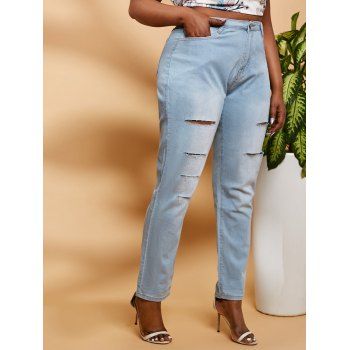 

Ladder Ripped Mid Rise Plus Size Skinny Jeans, Light blue