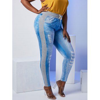 

3D Print Marl Panel Combo Plus Size Skinny Pants, Blue