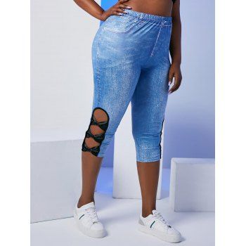 

3D Print Bowknot Cutout Side Plus Size Capri Jeggings, Blue