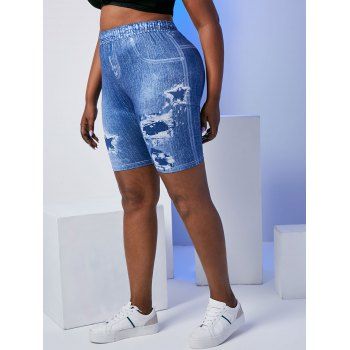 

Plus Size 3D Destroyed Jean Print Short Jeggings, Blue