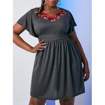

Floral Embroidered Applique Flutter Sleeve Plus Size Dress, Gray