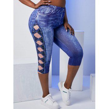 

Plus Size 3D Jean Print Cropped High Rise Jeggings, Blue