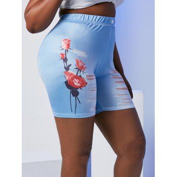 

Plus Size Rose 3D Ripped Jean Print Short Jeggings, Light blue