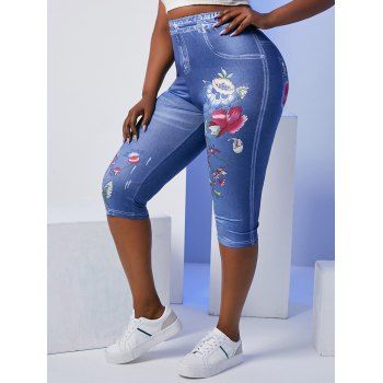 

Plus Size Wildflower 3D Jean Print High Rise Cropped Jeggings, Blue