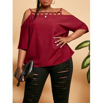 

Plus Size Rings Cutout Open Shoulder Blouse, Deep red