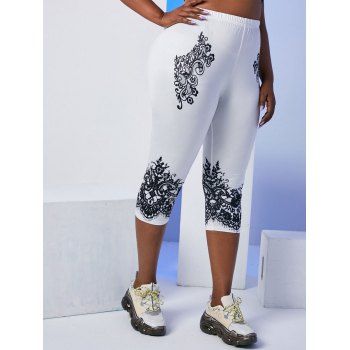 

Plus Size Printed Elastic Waist Capri Leggings, White