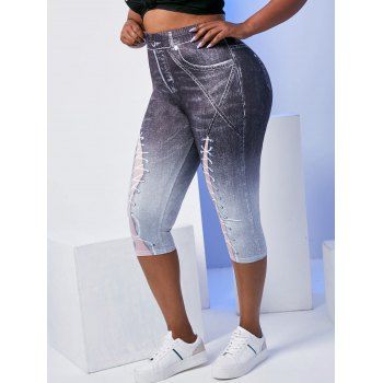 

Plus Size Lace-up 3D Jean Print Cropped Jeggings, Black