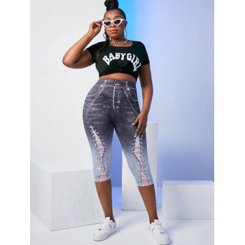 Plus Size Lace-up 3D Jean Print Cropped Jeggings