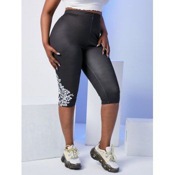 

Plus Size Flower Print High Rise Crop Leggings, Black