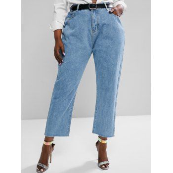 

Plus Size High Waisted Raw Hem Tapered Mom Jeans, Light blue