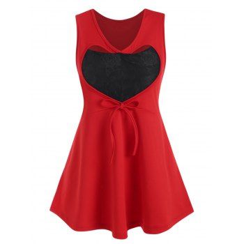 

Plus Size Valentine Heart Lace Insert Tied Tank Top, Red