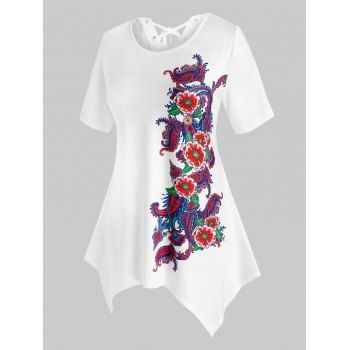 

Plus Size Floral Print Lace Up Handkerchief Tee, White